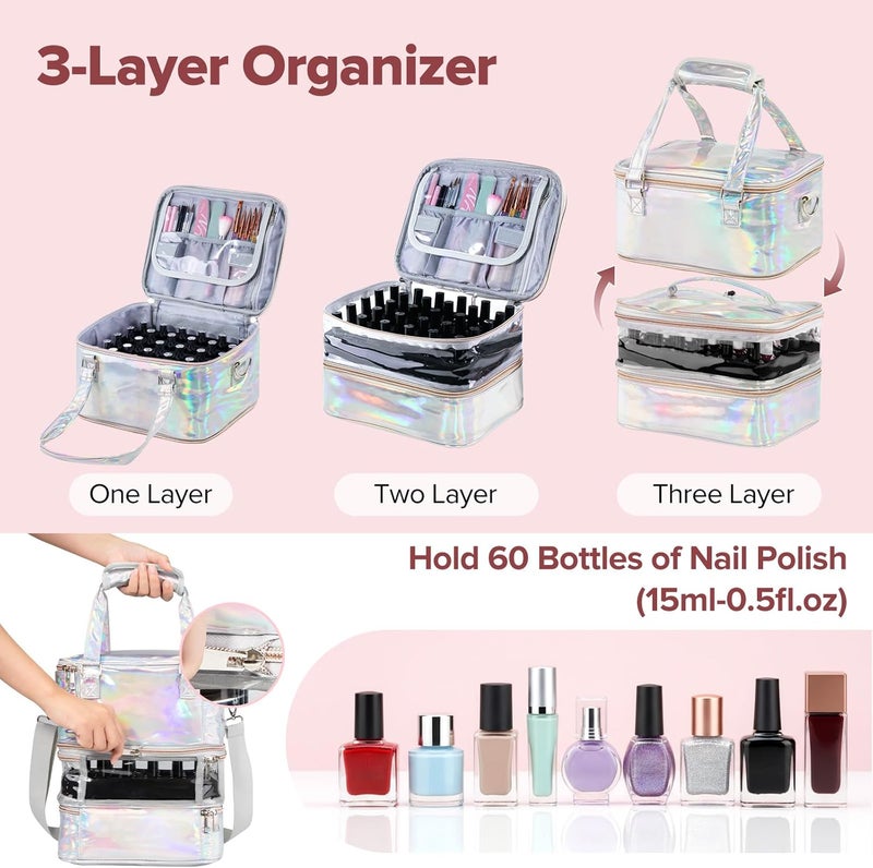 BELOVING Nail Polish Organizer Case, 3 Layers Removable Nail Polish Storage Bag Holds 60 Bottles and Nail Lamp with Shoulder Strap Portable Holographic PU Leather Nail Kit Storage for Manicure Tools (Silver) - Image 2